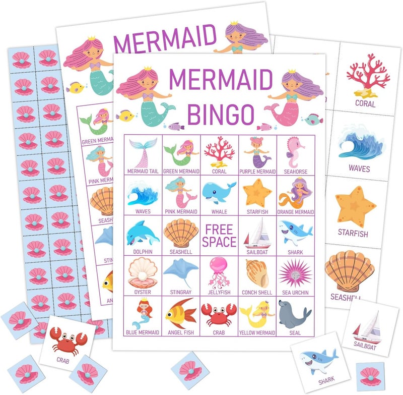 Qssfdgg Mermaid Bingo Cards, 24 Player Under The Sea Party Bingo Game for Family Adult, Ocean Mermaid Party Favor, Large Group Party Celebration Activity -08 - Image 1